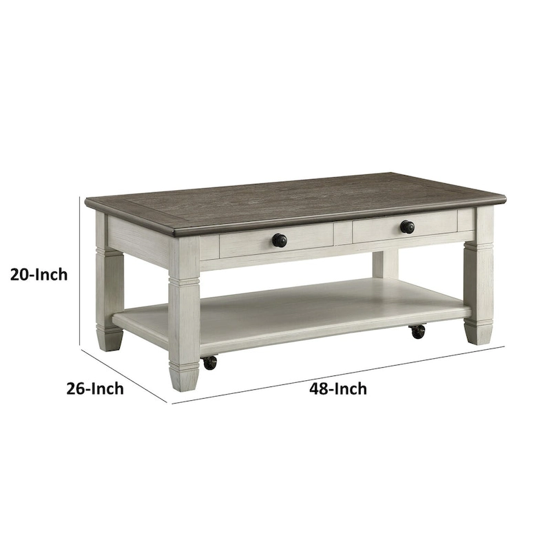 Rome 48 Inch Cocktail Coffee Table, 2 Drawers, White and Brown, Solid Wood