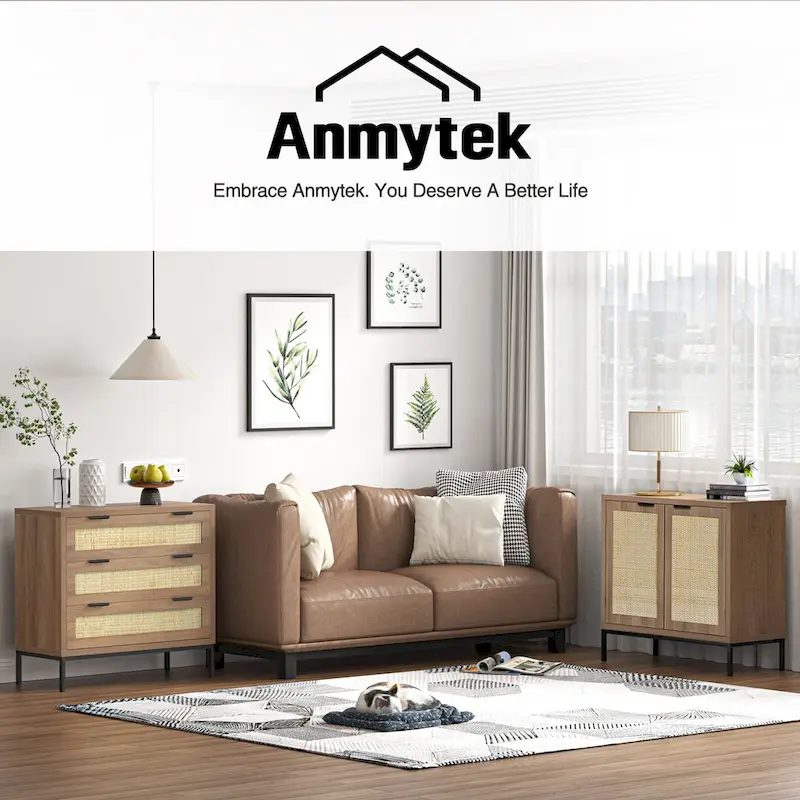 Anmytek Modern 3-Drawer Brown Dresser Rattan Chest of Drawers Storage Cabinet for Bedroom