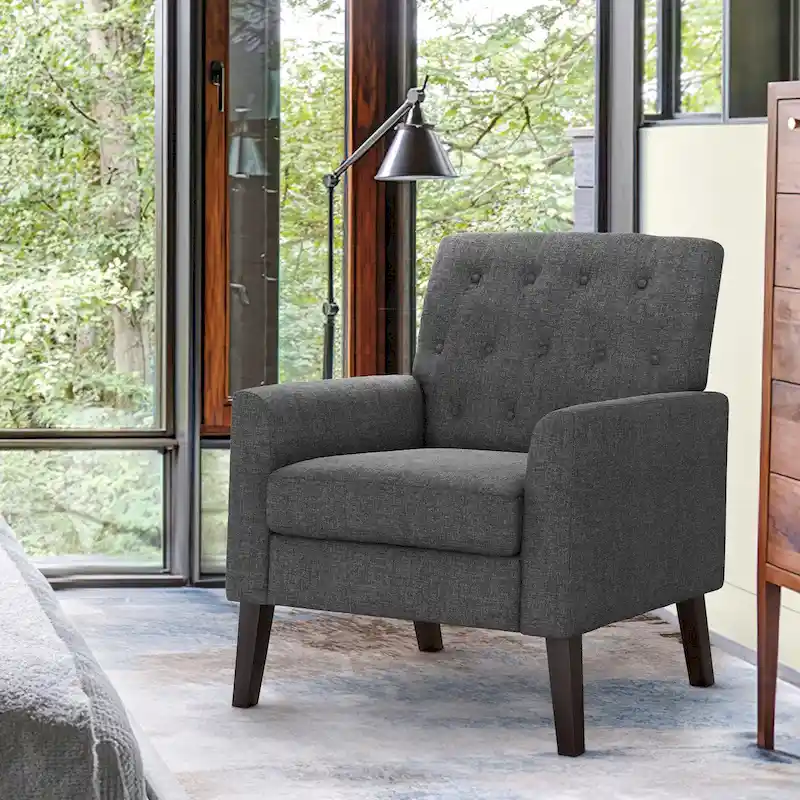 LUE BONA Modern Upholstered Accent Chair Linen Fabric Button Tufted Armchair with Solid Wood Frame - 28.5 W X 27.25 D X 33.75 H