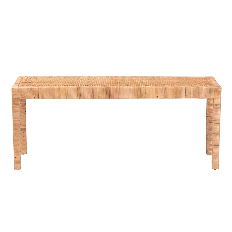 Abelia Modern Bohemian Natural Rattan and Mahogany Wood Accent Bench