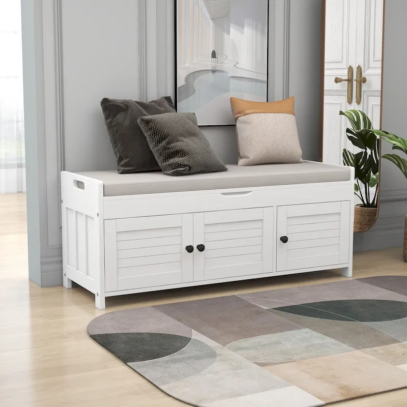 Storage Bench with 3 Doors Shoe Bench with Removable Cushion