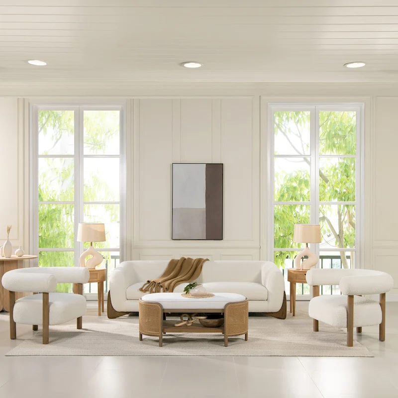 37 Mid-Century Modern Style Barrel Armchair with Bouclé and Sherpa Accents