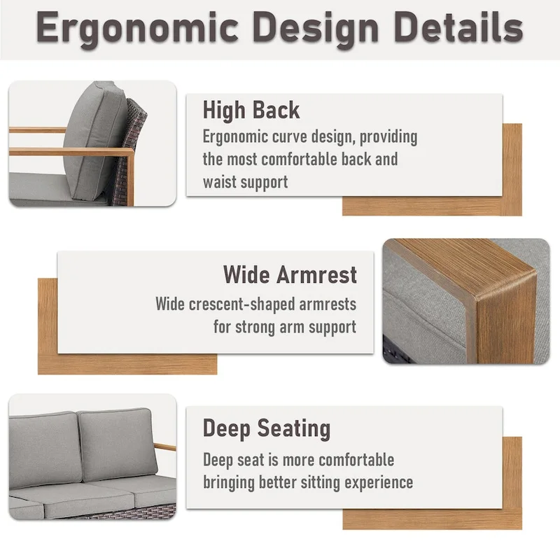 Gymojoy PE Rattan Sofa Deep Seating Sofa with Ottoman - Brown