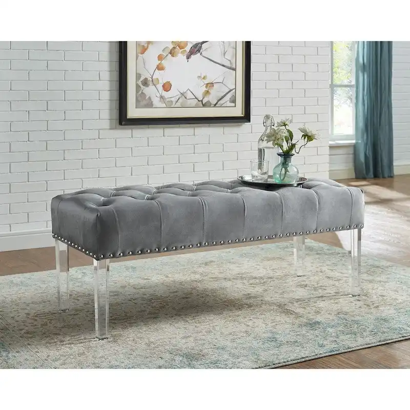 Button Tufted Velvet Upholstered Bench with Acrylic Leg