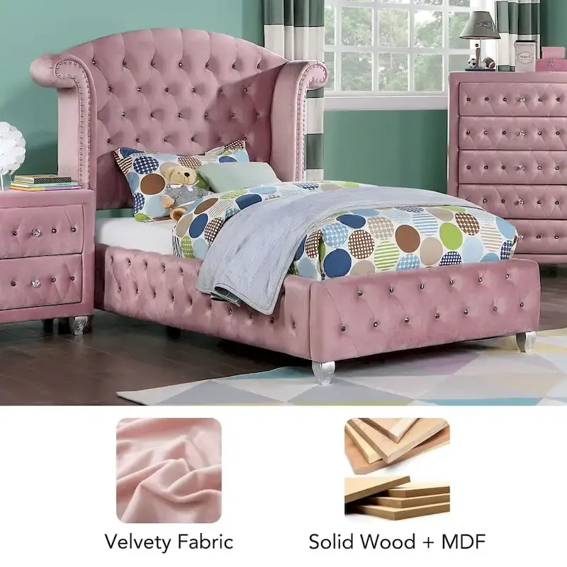 Vyvi Glam Upholstered Pink Button Tufted Wingback Panel Bed by Furniture of America