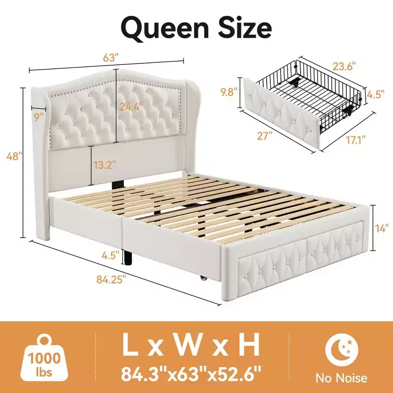 Queen Velvet Upholstered Platform Bed Frame with Storage Drawers - Beige / Gold / Gray