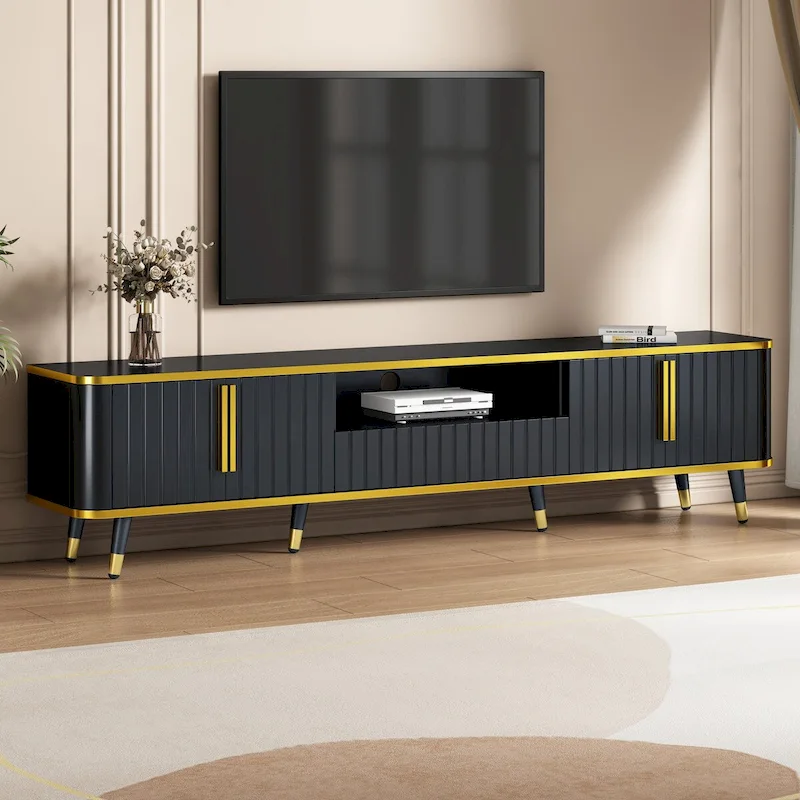 TV Stand with Open Storage Shelf for TVs Up to 85,with Cabinets and Drawers, Practical Media Console with Unique Legs
