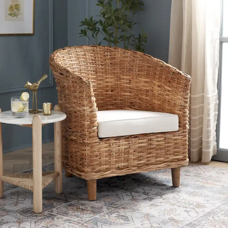 Rattan Barrel Chair with Cushion - 29.1 x 27.2 x 32.7