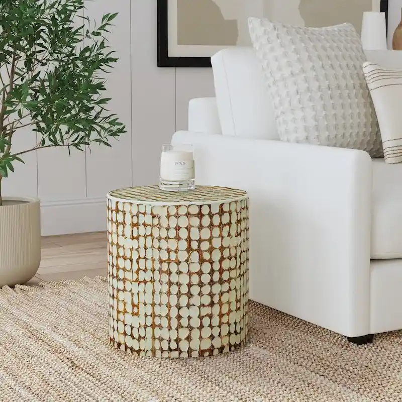 Round Coconut Shell Mosaic Accent Table by East at Main