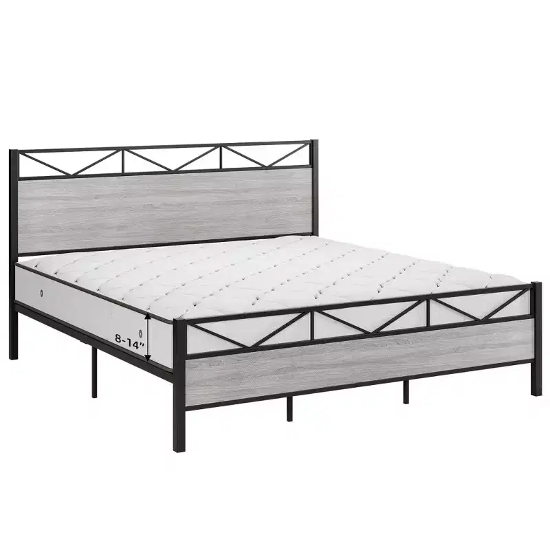 King Size Bed Frame with Headboard, Industrial Platform King Bed Frame with 14 Strong Metal Slats Support, Under-Bed Storage, No Noise