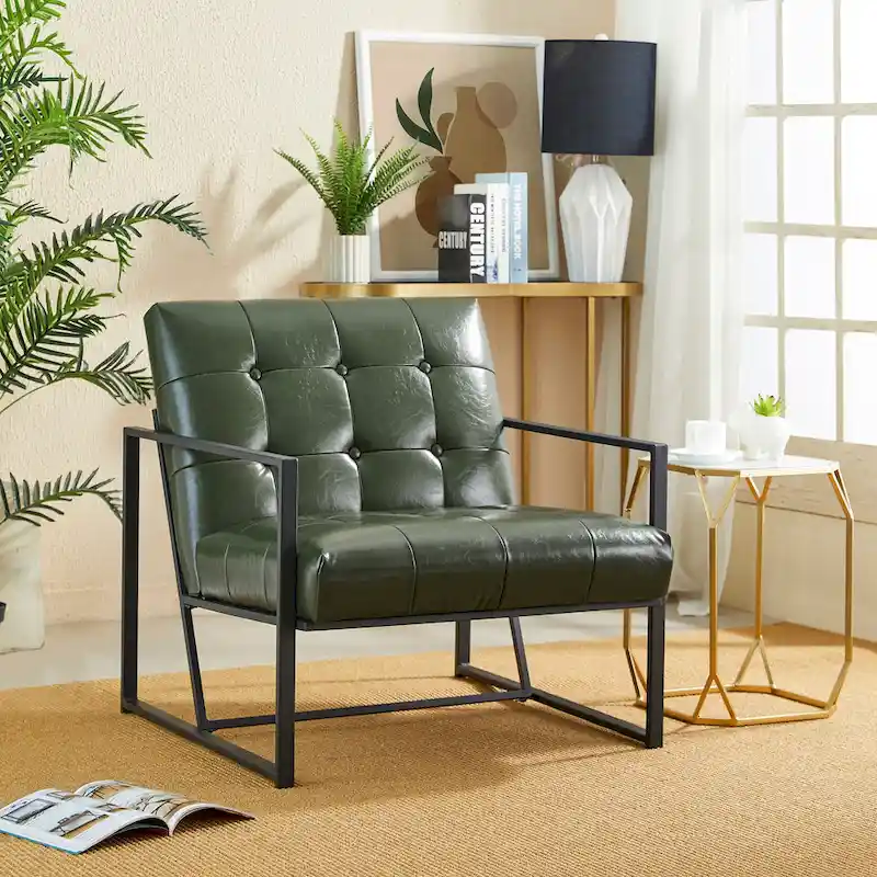 Glitzhome Set of 2 29.25W Mid-Century PU Leather Tufted Accent Chairs