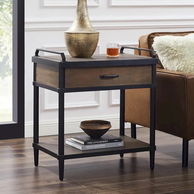 Mid-Century Side Table - Wood & Metal, 1 Drawer + Shelf, Minimalist Design, 35 lbs Capacity