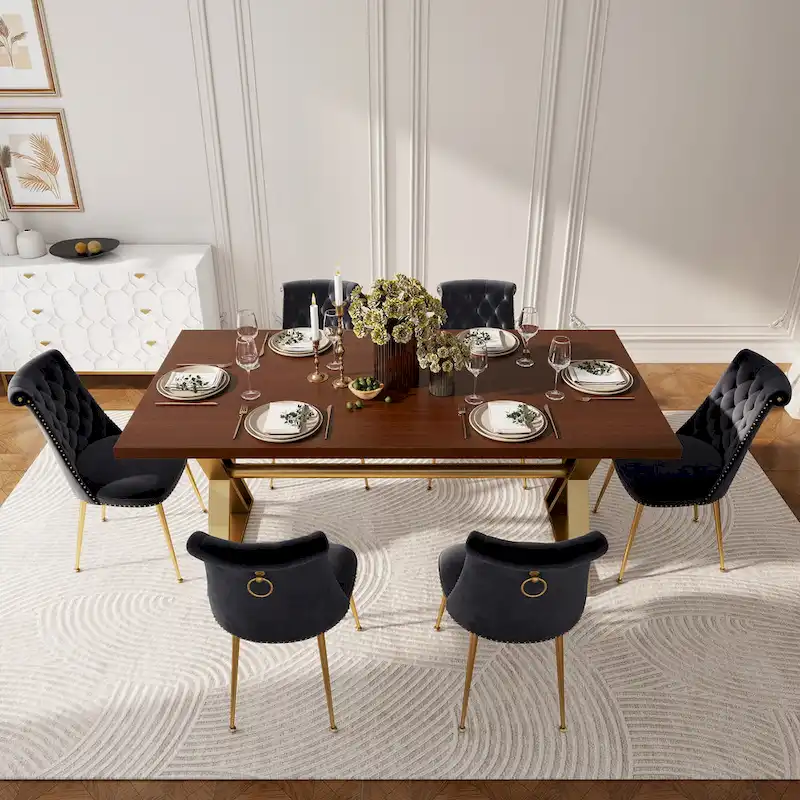 7-Piece Clihome Walut Wood Dining Table with Velvet Chair Dining Chair