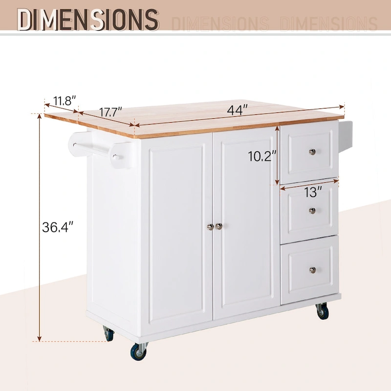 Kitchen Island Cart with Drop-Leaf and Rubber Wood Top, Rolling Kitchen Trolley Cart Cabinet