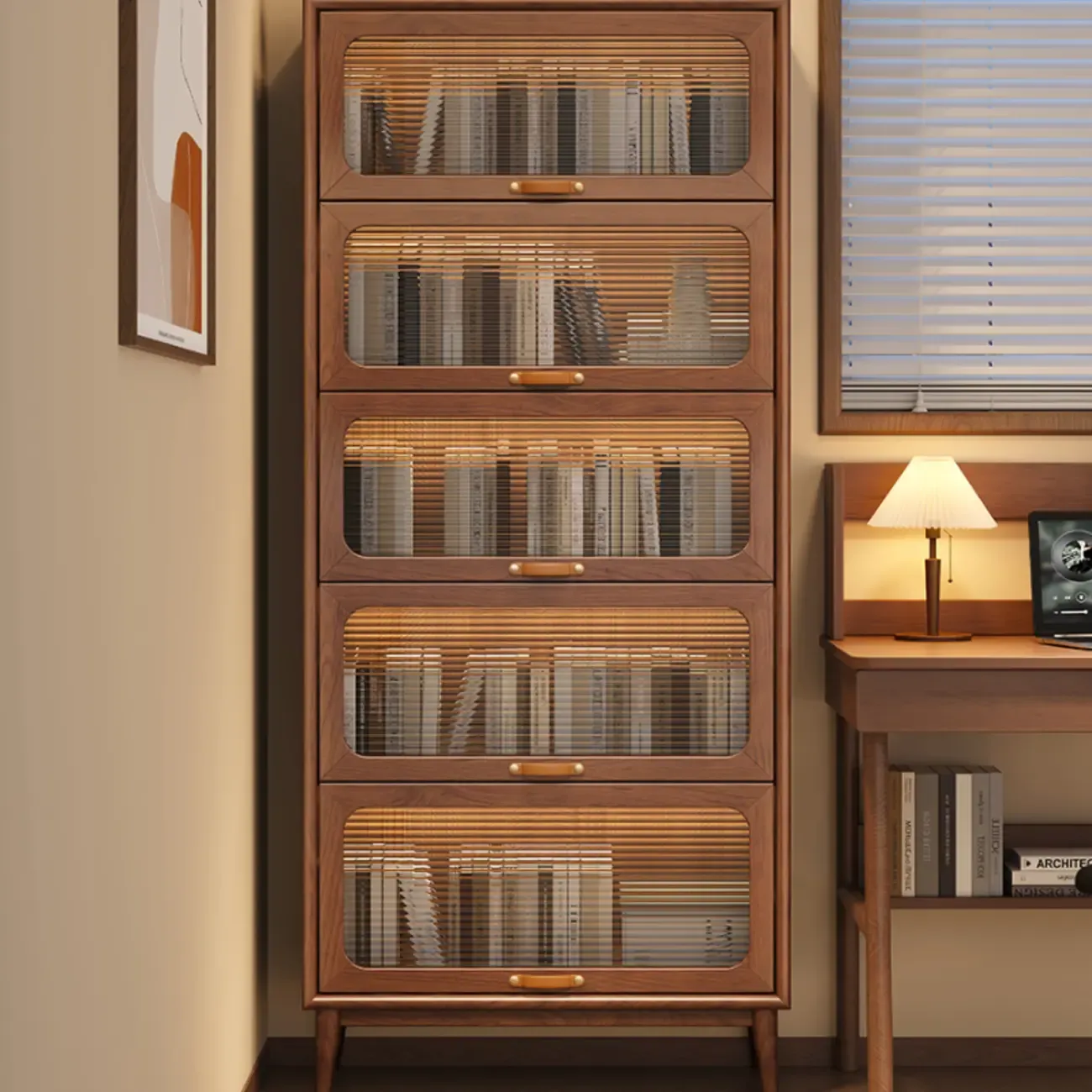 Solid Wood Nut-Brown 5-Tier Glass Door Bookcase with Cabinet