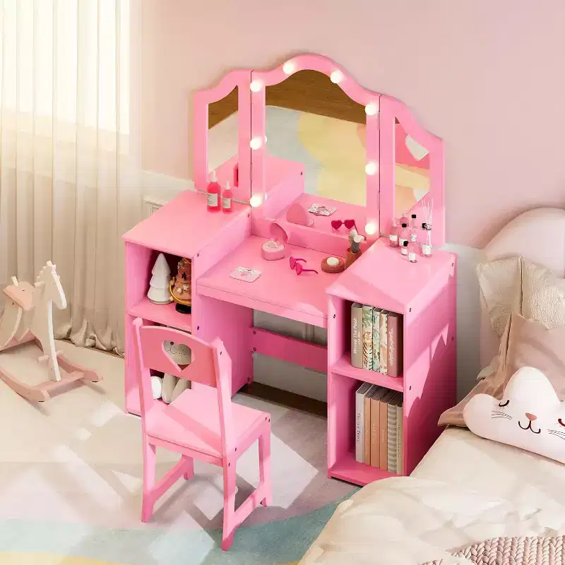 Garvee Kids Vanity Table Set, Princess Makeup Desk & Chair Set with touch Light Detachable Tri-Folding Mirror,Pretend Play Vanity Set