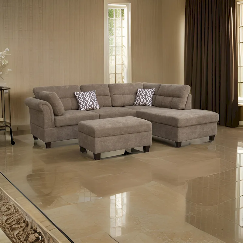 Ari 104 Inch Sectional Sofa with Chaise, Ottoman, 2 Accent Pillows, Brown