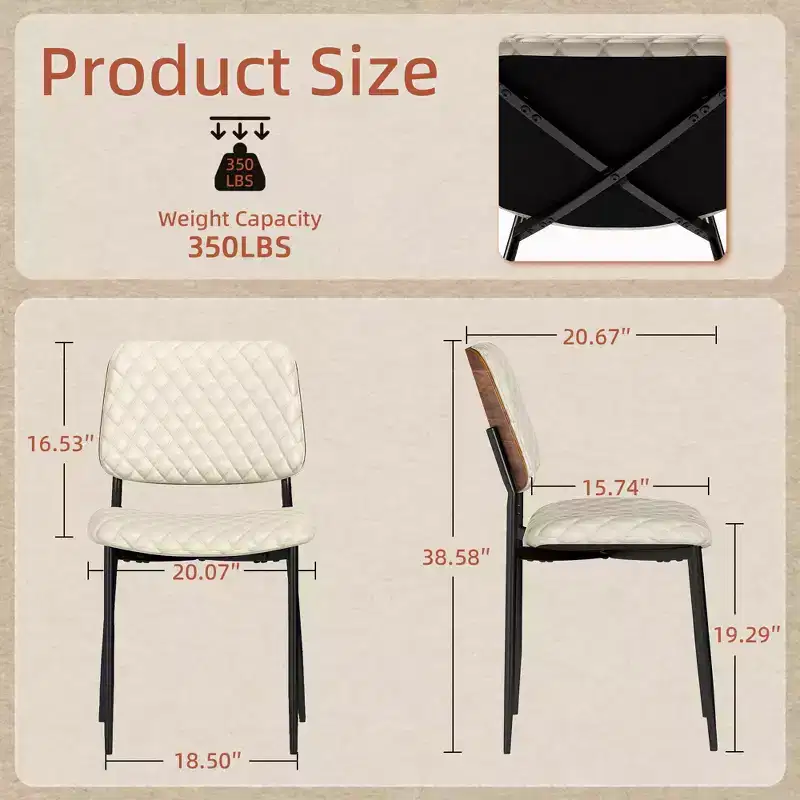 TYBOATLE Mid Century Dining Chairs Set of 2, Quilted PU Leather Kitchen Chairs with Bentwood Back, Industrial Upholstered Side Chairs