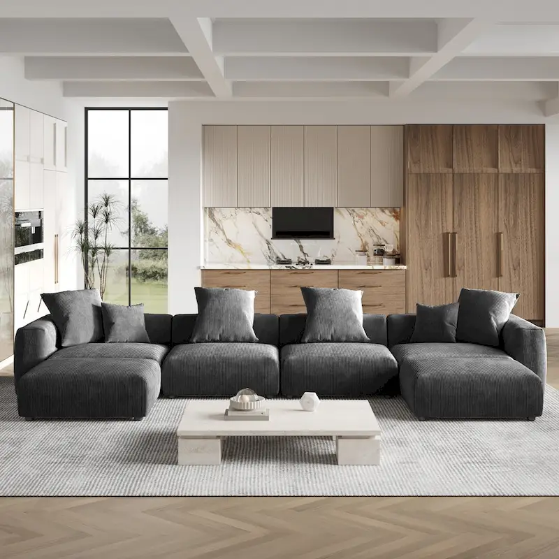 Large U-Shape Linen Reversible Modular Seating Component Sectional with 2 Ottoman