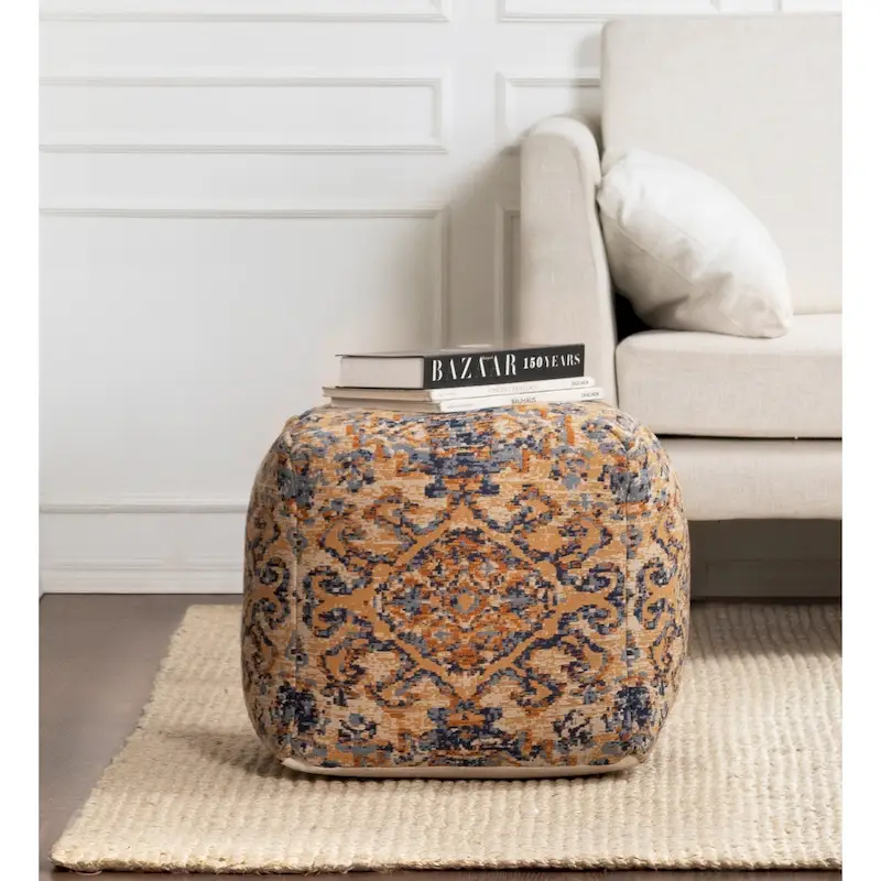 Jani Tofino 20-inch Multicolor Square Orange Pouf Ottoman - Handmade Footrest for Living Room, Bedroom, Patio