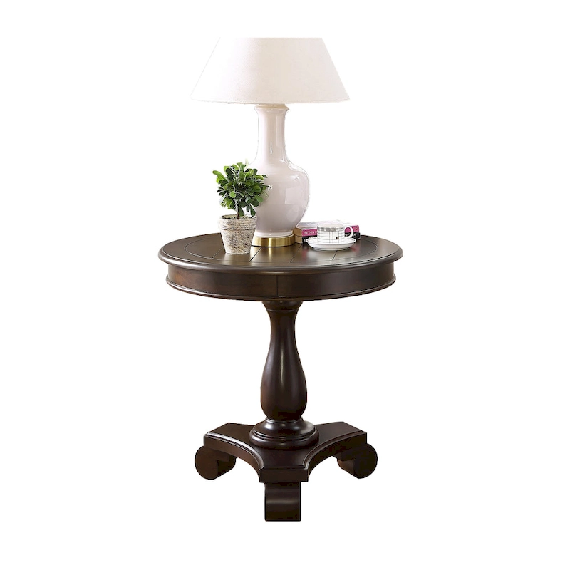 Rene Round Wood Pedestal End Table with Scrolled Legs