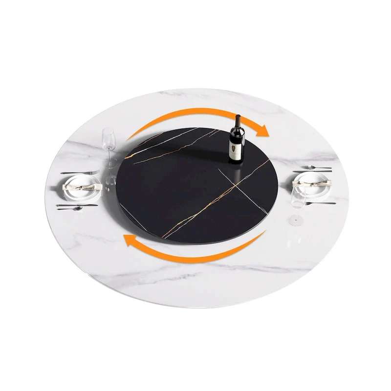 59 White Round Dining Table with Lazy Susan, Sintered Stone Tabletop - N/A