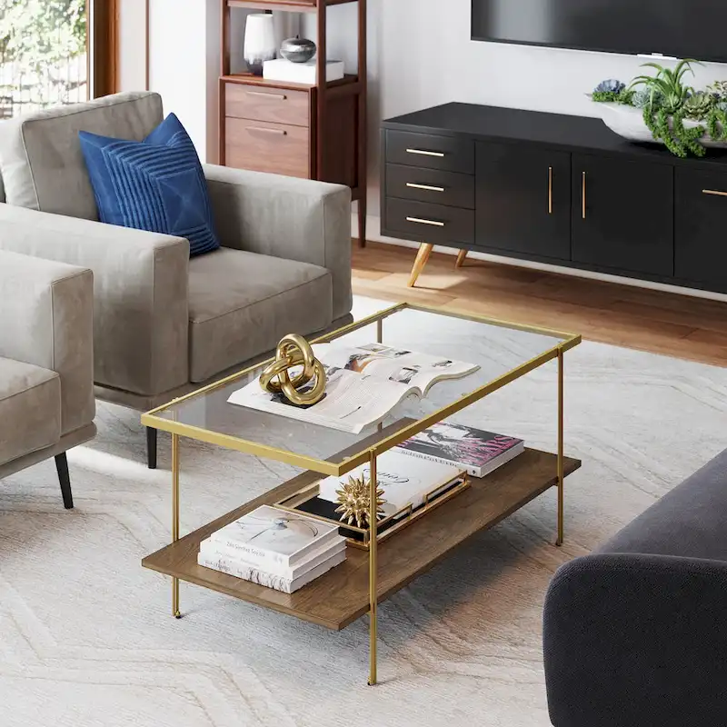 Mid-Century Coffee Table with Glass Top and Oak Shelf