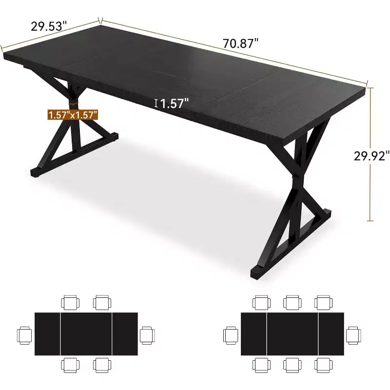 Dyonery Farmhouse Dining Table for 6-8 People 70.8 Inch Rectangular Wood Dining Table Walnut/Black