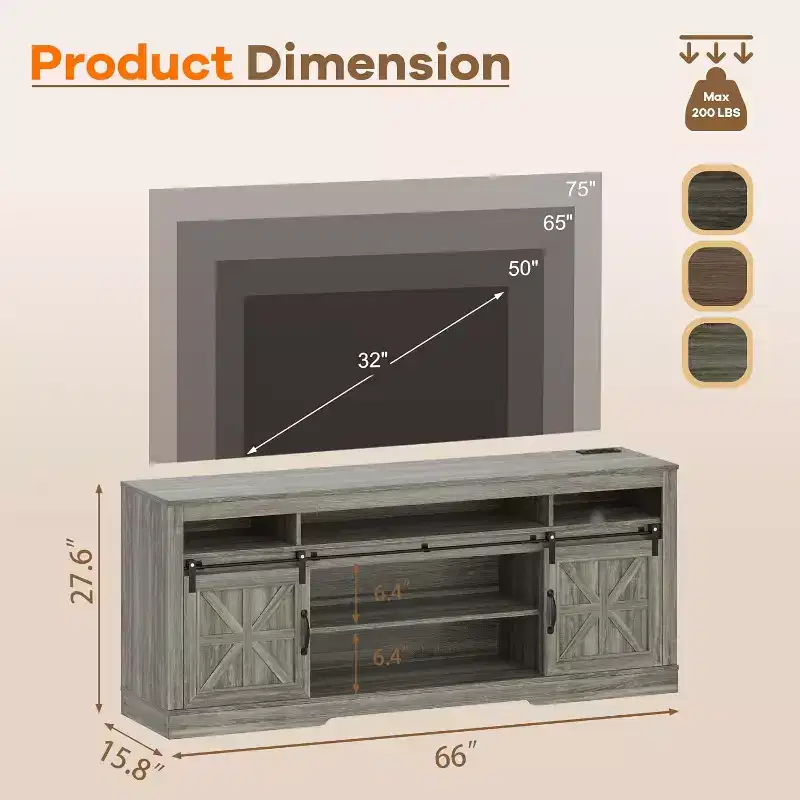 Farmhouse TV Console for 75 TV with Semi-Open Storage, Adjustable Shelf & Sliding Doors  66 Media Cabinet for Living Room