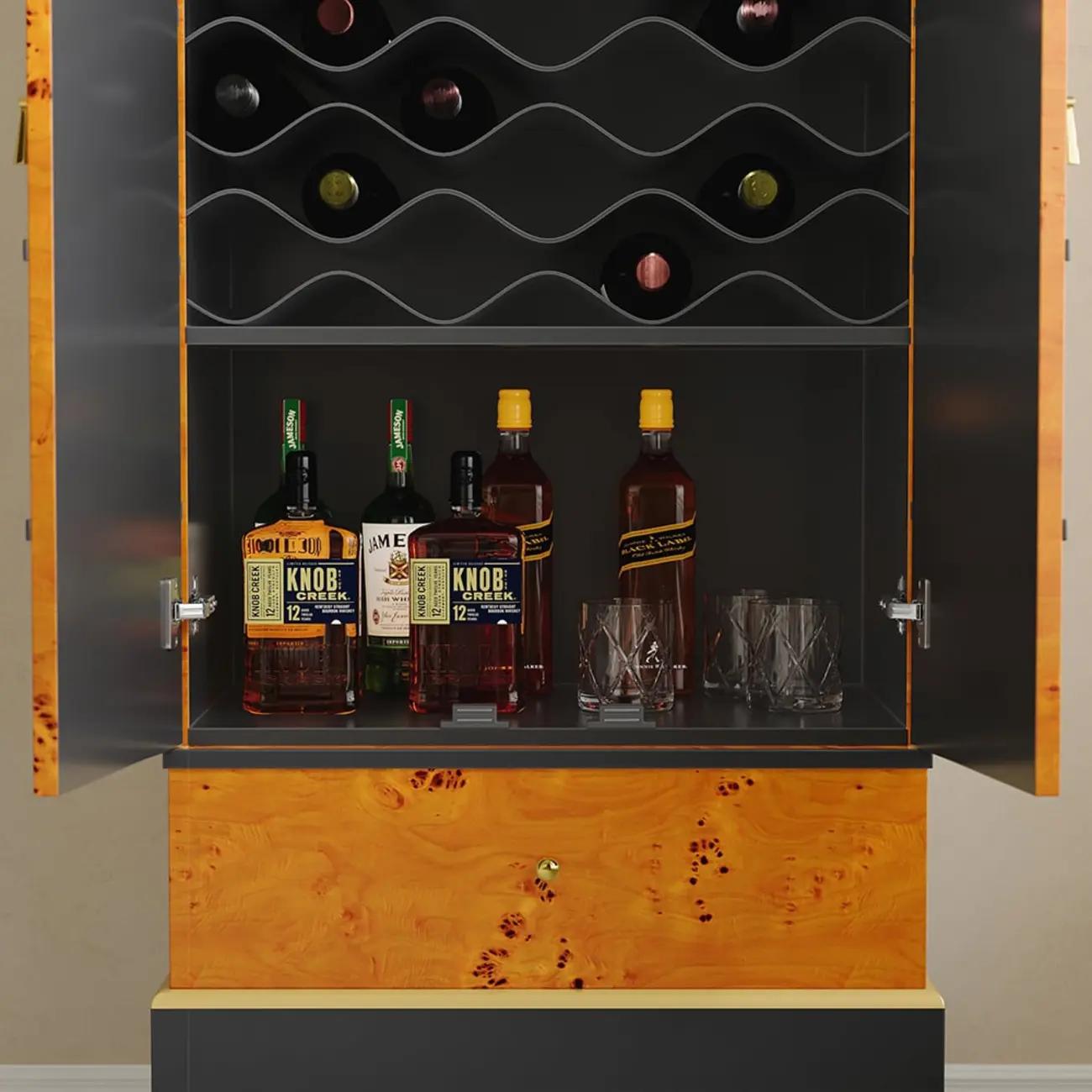 Rustic Burl wooden Drawer Wine Cabinet with Glass Rack