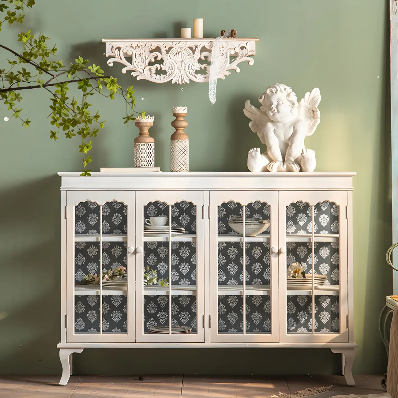 Vintage White Wood China Cabinet with Glass Doors