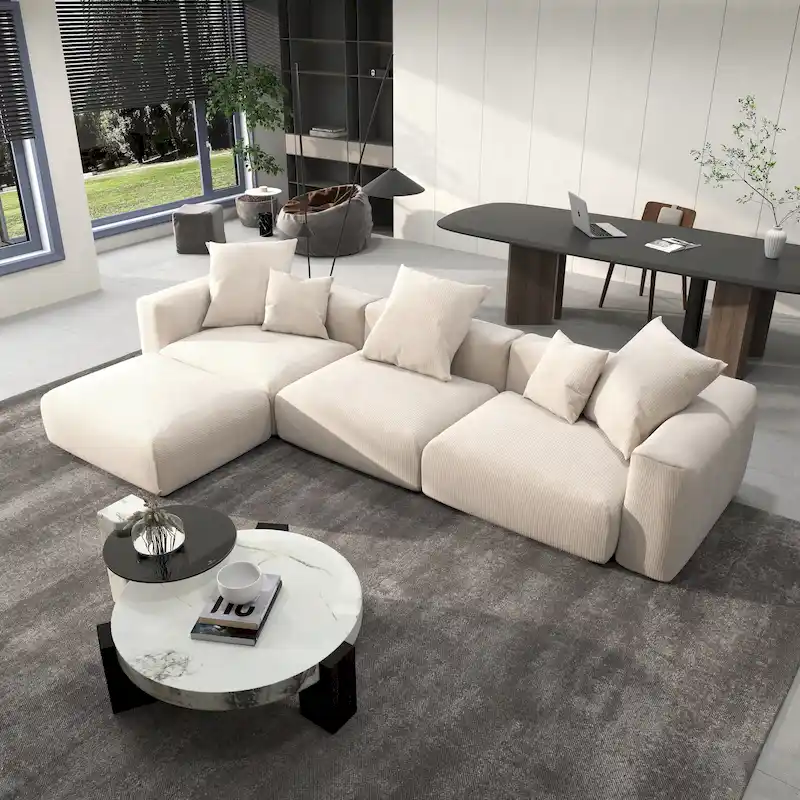 142 L-shape Oversized Corduroy Sectional Sofa Classic Deep Couch with Ottoman