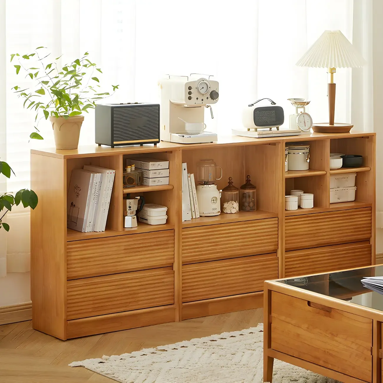 Scandinavian Light Wood 2-Shelf Bookcase with Drawers