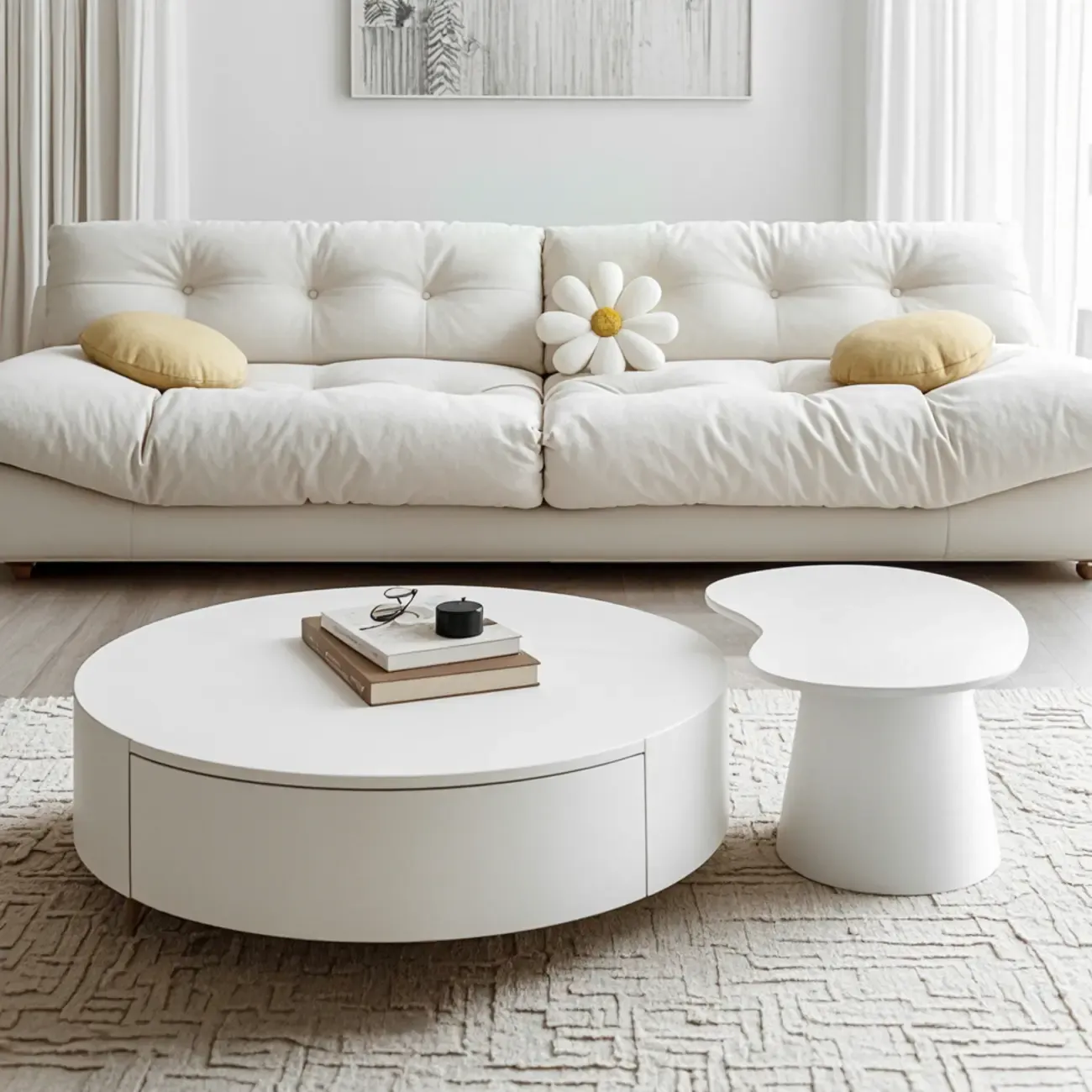Drum Round White Wood Modern Coffee Table with Storage