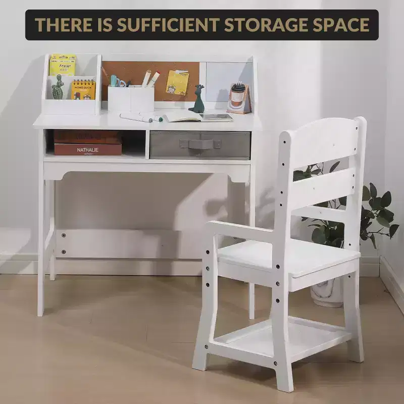COZONY Kids Study Table Set with Adjustable Chair, Study Desk with Hutch, Bulletin Board, 2 Drawers, 2 Pen Holders