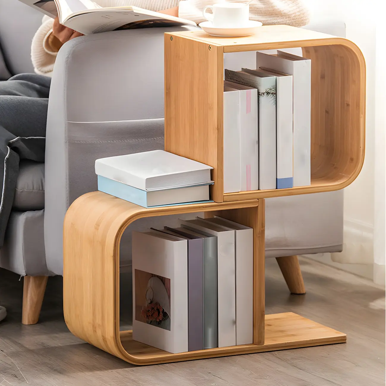 Geometric Natural Finish Bamboo Wood Vertical Bookcase