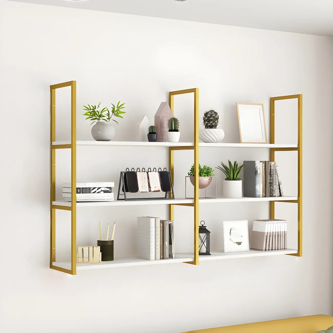 Modern Wall-Mounted Bookcase White Gold Display Shelf