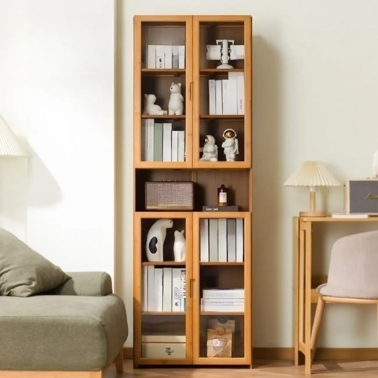 Freestanding Vintage Bamboo Curio Cabinet with Glass Door