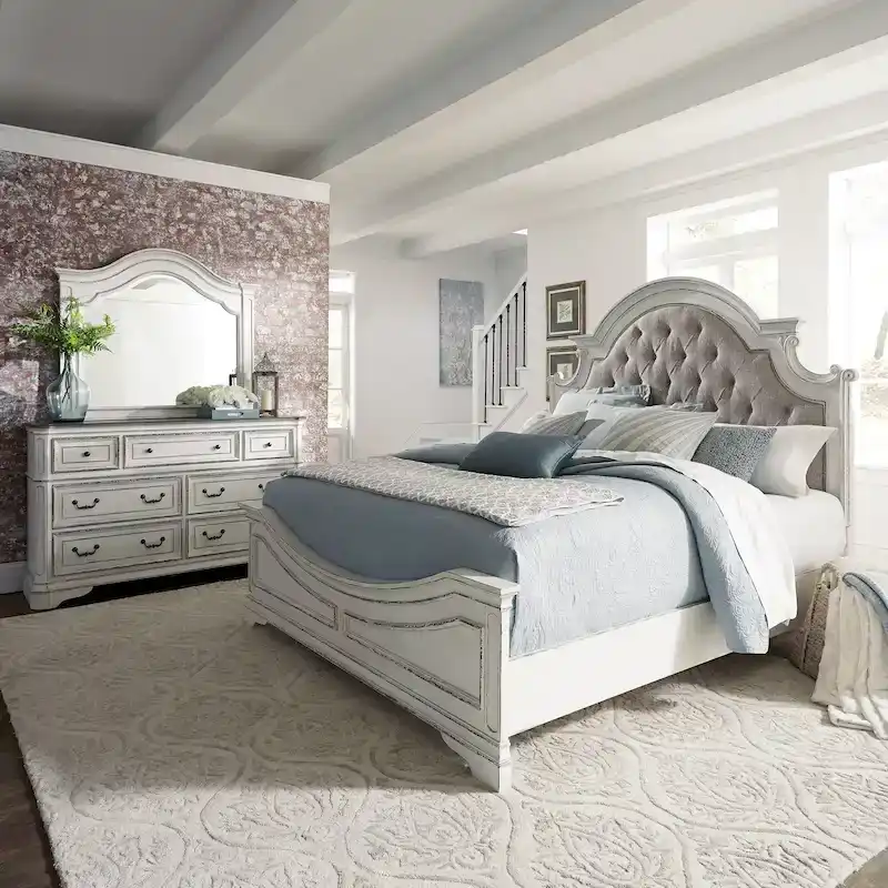 Magnolia Manor Upholstered Bed, and Dresser and Mirror Set