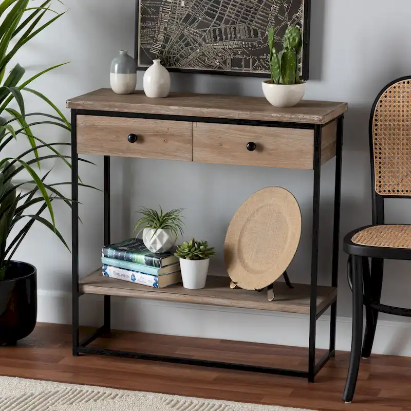 Silas Modern Industrial Natural Brown Finished Wood and Black Metal 2-Drawer Console Table