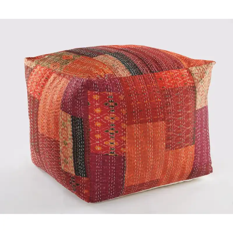 Square Pouf Ottoman, 24 Inch, Red Patchwork, Cotton Blend Upholstery