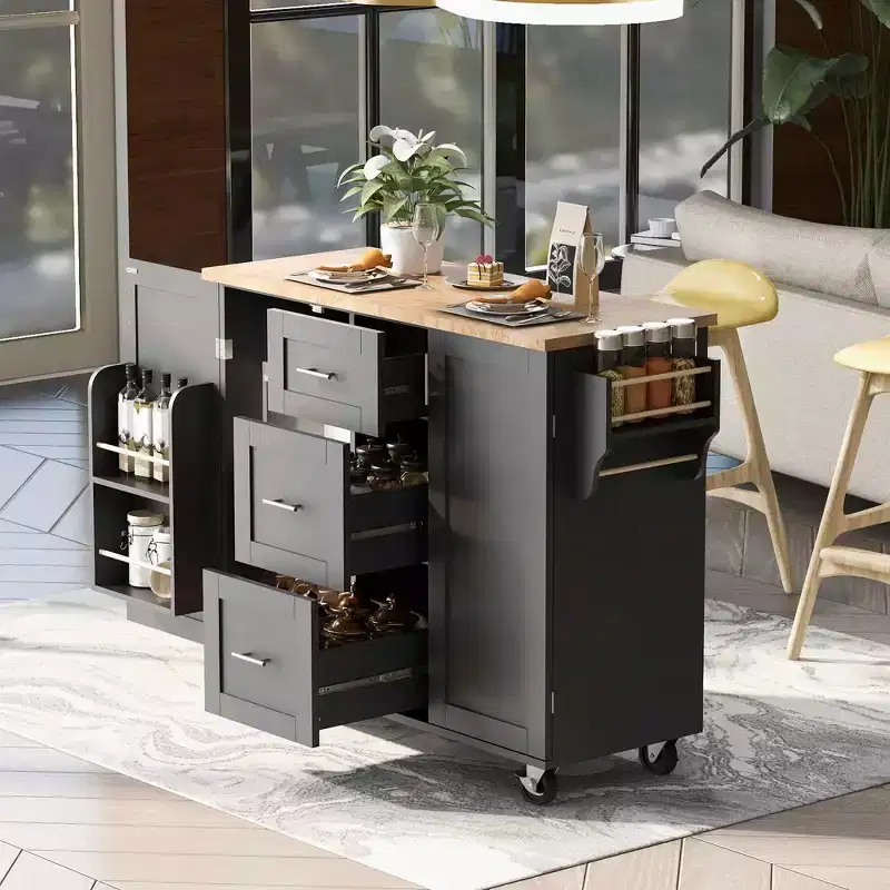 MAYEERTY Black Rolling Kitchen Island with Rubber Wood Top, 3 Drawers 2 Slide-Out Shelves Spice Rack Tower Rack