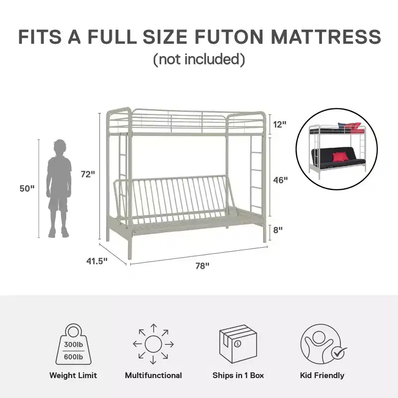 DHP Twin Over Futon Metal Bunk Bed