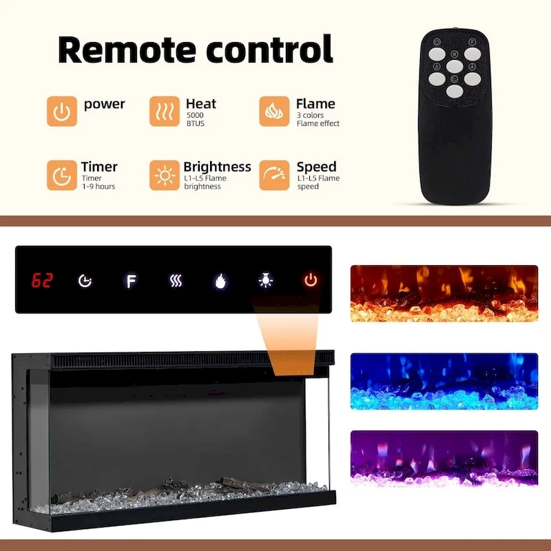 Erommy Adjustable Glass Shelves Entertainment Center with Electric Fireplace in Fireplace TV Stand