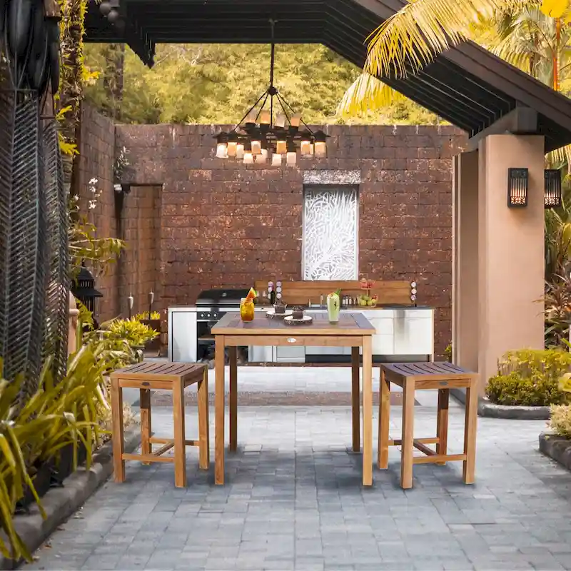 Chic Teak 3 Piece Teak Wood Seville Medium Counter Height Patio Bistro Dining Set, 2 Counters Stools and 35 Square Table