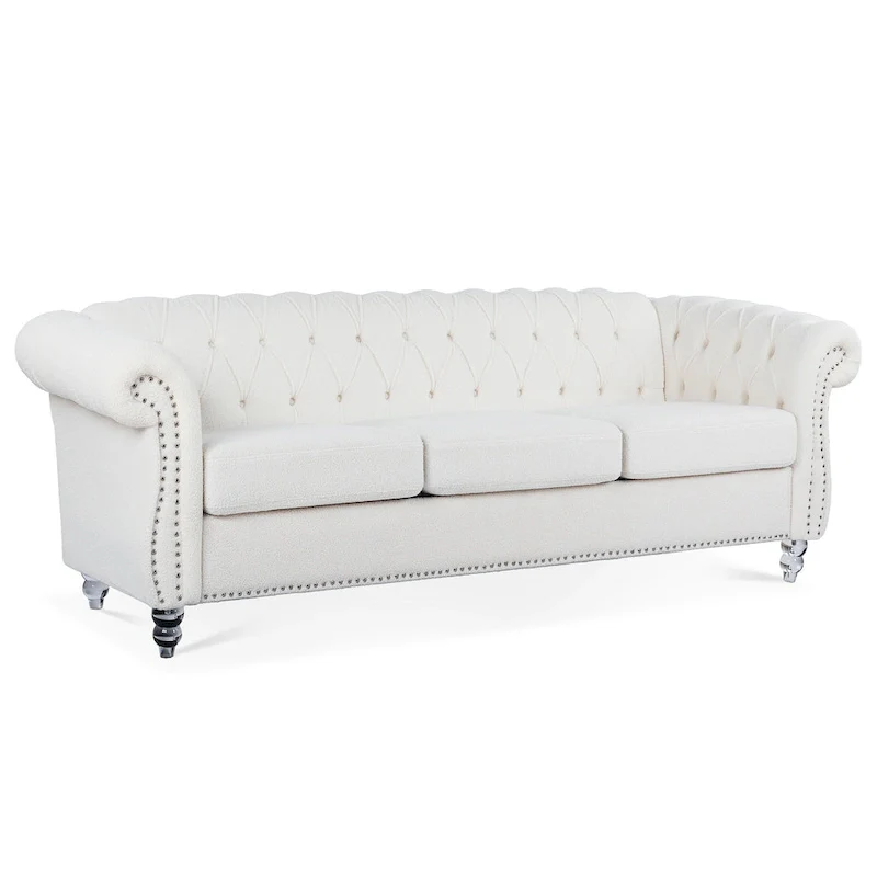 3-Seater Sofa, Button-Tufted, Rolled Arms, Nailhead Trim, Low Back, Upholstered, Seats 3, White