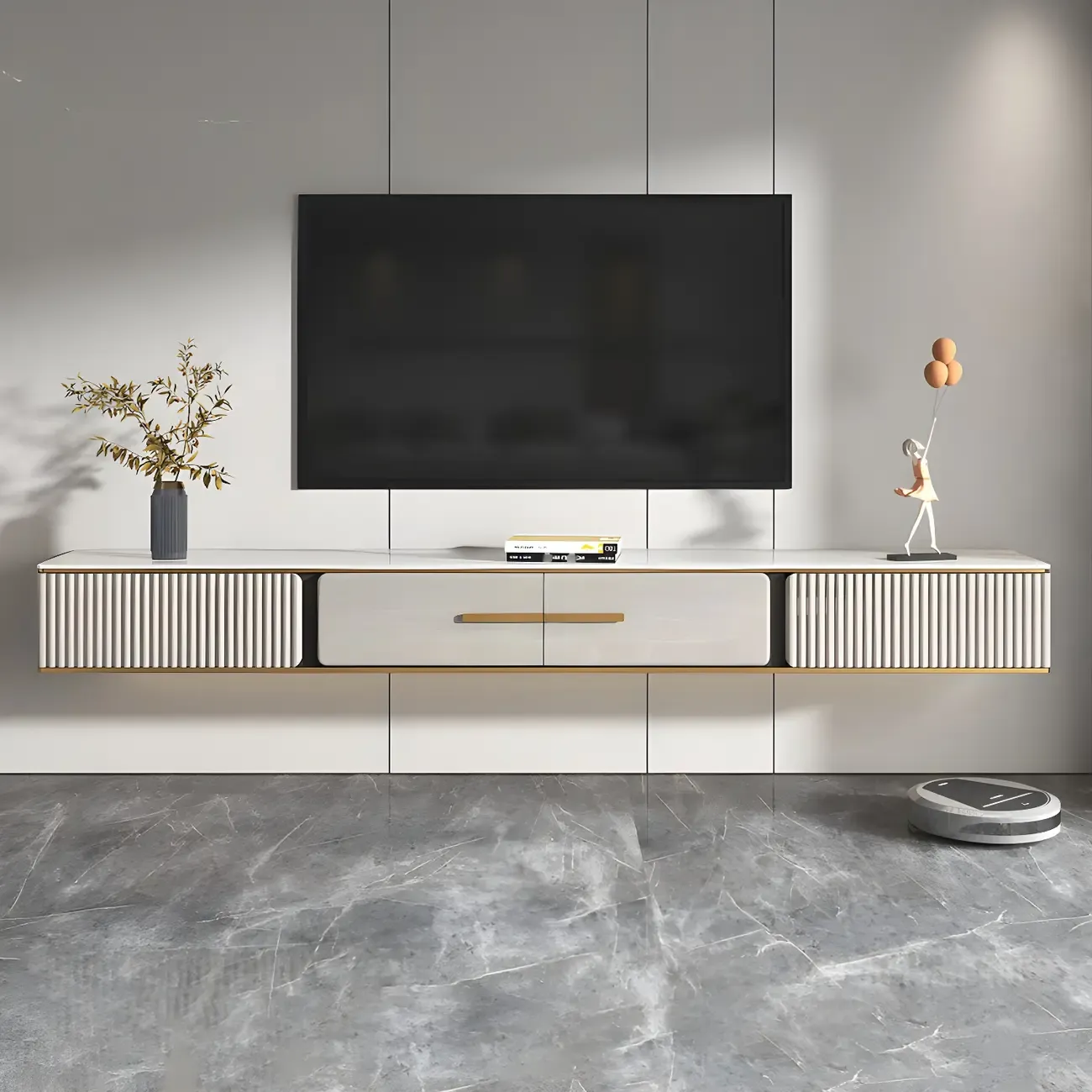 Long Stone 2 Drawers Floating Mount TV Stand Black