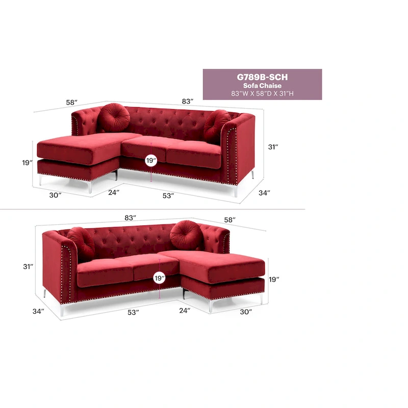 Pompano 83 in. Tufted Velvet Sectional with 2-Throw Pillow - 83L x 58W x 31H