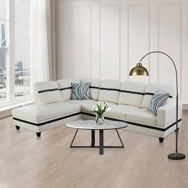 L-Shape Semi PU Leather Living Room Sofa Set with Ottoman,3-Piece