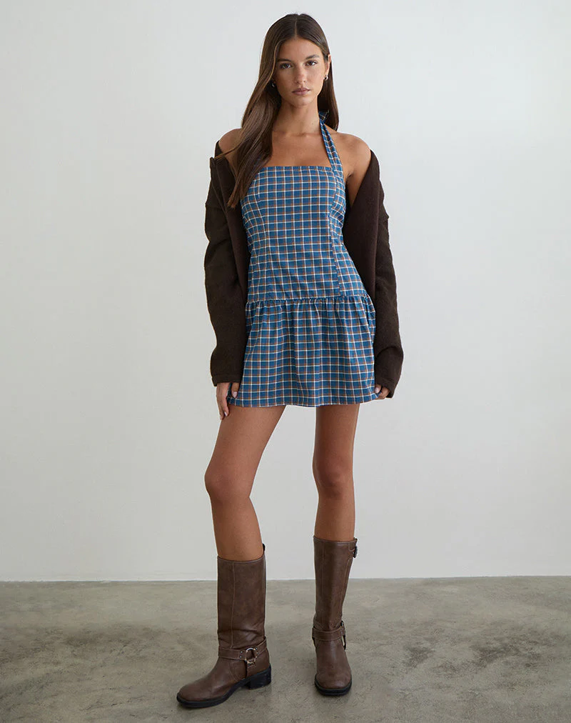 Panja Mini Halter Neck Dress in Medium Tartan Blue